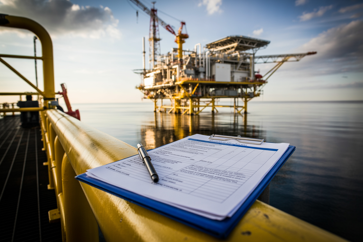 Create a realistic image of a close-up view of a safety document and clipboard resting on a metal surface of an oil rig, with a blurred background showing the industrial offshore platform structure, steel pipes, and equipment under a cloudy sky, conveying a sense of workplace safety and preparedness, with soft natural lighting illuminating the scene, Absolutely NO text should be in the scene.