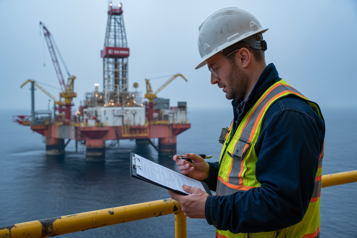 Create a realistic image of an oil rig worker, a white male in a hard hat and high-visibility safety vest, standing on an oil rig platform and reviewing a clipboard with a checklist, with industrial drilling equipment and machinery visible in the background, the scene lit by overcast daylight with a serious and focused mood, conveying the importance of pre-task safety assessment in a hazardous offshore environment. Absolutely NO text should be in the scene.