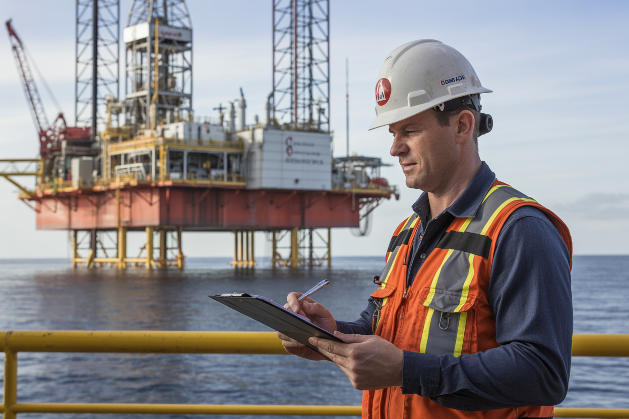 Create a realistic image of a white male oil rig supervisor in a hard hat and safety vest standing on an offshore oil rig platform, holding a clipboard and carefully reviewing a list of tasks, with industrial drilling equipment and steel structures visible in the background, the scene is well-lit with natural daylight, conveying a focused and methodical atmosphere as the worker evaluates and selects a specific job task for safety analysis. Absolutely NO text should be in the scene.
