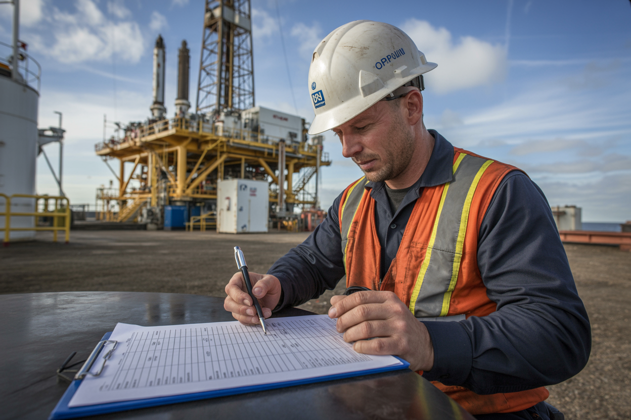 Create a realistic image of a white male oil rig worker in a hard hat and safety vest sitting at a table on an oil rig, carefully writing on a structured checklist or form on a clipboard, breaking down a job into sequential steps, with the industrial oil rig machinery and equipment visible in the background, the scene lit with natural daylight combined with industrial lighting, conveying a focused and methodical mood. Absolutely NO text should be in the scene.