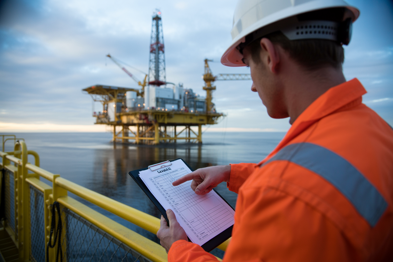 Create a realistic image of a close-up view of a safety clipboard or tablet held by a white male worker in a hard hat and orange safety coveralls on an oil rig, with the worker pointing to a hazard checklist while gesturing toward visible rig equipment and machinery in the background, the scene conveying a thorough risk assessment process, with industrial lighting and a serious, focused mood, the offshore oil rig platform visible in the blurred background under an overcast sky. Absolutely NO text should be in the scene.