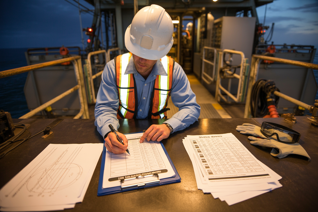 Create a realistic image of a white male oil rig worker in a hard hat and safety vest sitting at a sturdy metal desk on an offshore oil rig, carefully writing on a structured safety document form attached to a clipboard, with a pen in hand, while a laminated safety checklist and hazard control reference sheets are spread out on the desk beside him, engineering drawings and safety equipment like gloves and goggles visible nearby, the background showing the industrial interior of an oil rig control room with pipes and equipment, warm focused lighting illuminating the workspace, conveying a professional and methodical mood of careful documentation and safety planning. Absolutely NO text should be in the scene.