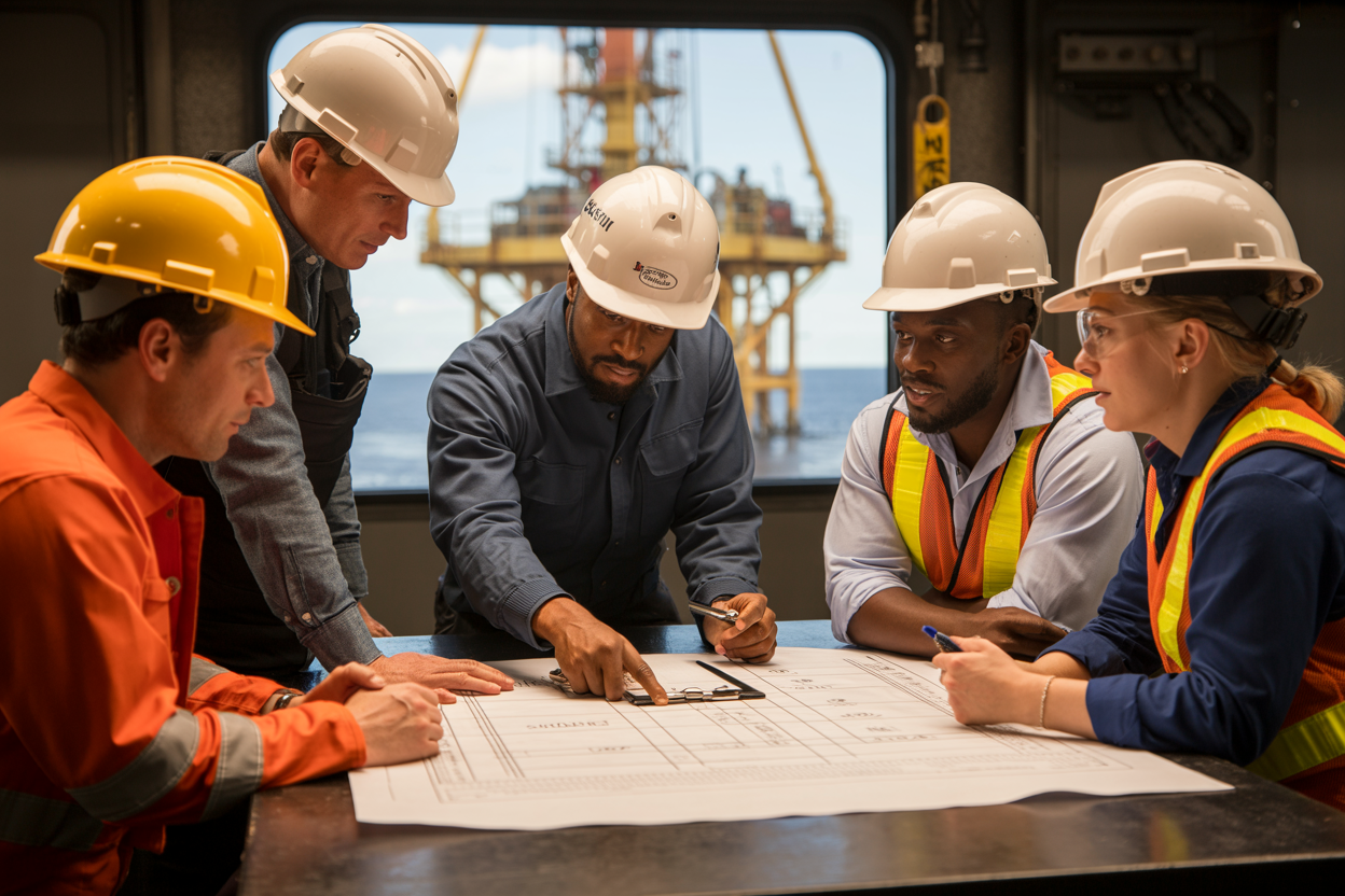 Create a realistic image of a diverse group of oil rig workers gathered around a table in an industrial meeting room on an offshore oil rig, finalizing a Job Safety Analysis document, featuring a white male supervisor pointing to a clipboard or safety checklist while a black male worker and a white female safety officer attentively review the document together, with hard hats, safety vests, and work gear visible on all participants, the background showing industrial equipment and rig machinery through a window, warm professional lighting creating a collaborative and serious mood, conveying teamwork and thorough safety planning. Absolutely NO text should be in the scene.