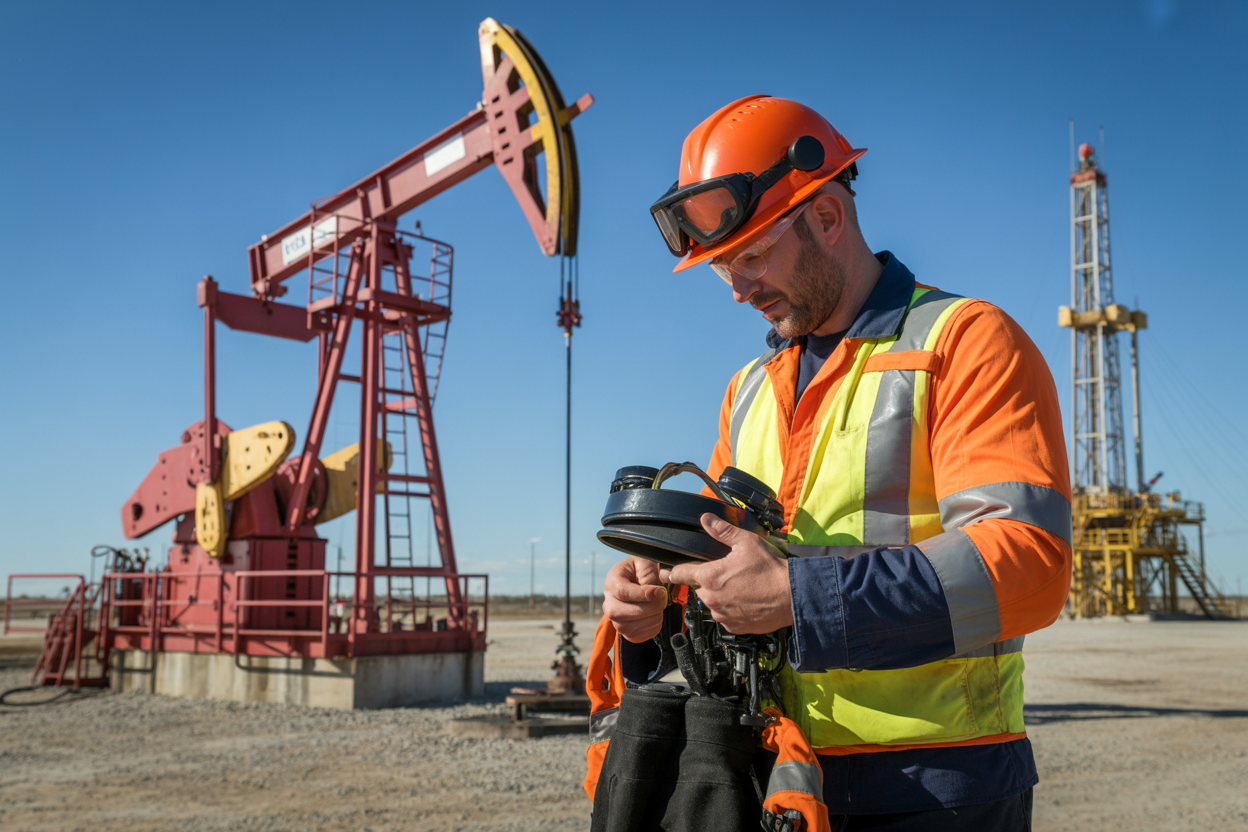 Create a realistic image of an oilfield worker, a white male, wearing a bright orange hard hat, safety goggles, and a high-visibility vest, standing near an oil pump jack on an active oilfield site, carefully reviewing safety equipment and gear with a focused and serious expression, with industrial oil rigs and drilling equipment visible in the background under a clear blue sky, the scene bathed in natural daylight that highlights the rugged industrial environment and conveys a sense of responsibility and vigilance, Absolutely NO text should be in the scene.