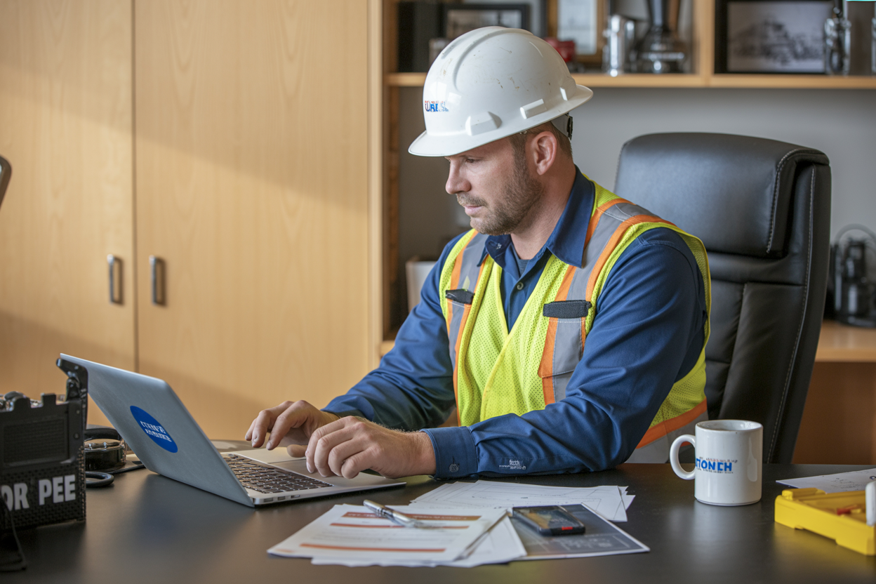 Create a realistic image of a white male oilfield worker in a hard hat and safety vest sitting at a desk, browsing safety resources on a laptop computer, with printed toolbox talk documents and a coffee mug beside him, set in a simple office or break room environment with warm, natural lighting creating a productive and focused mood, Absolutely NO text should be in the scene.