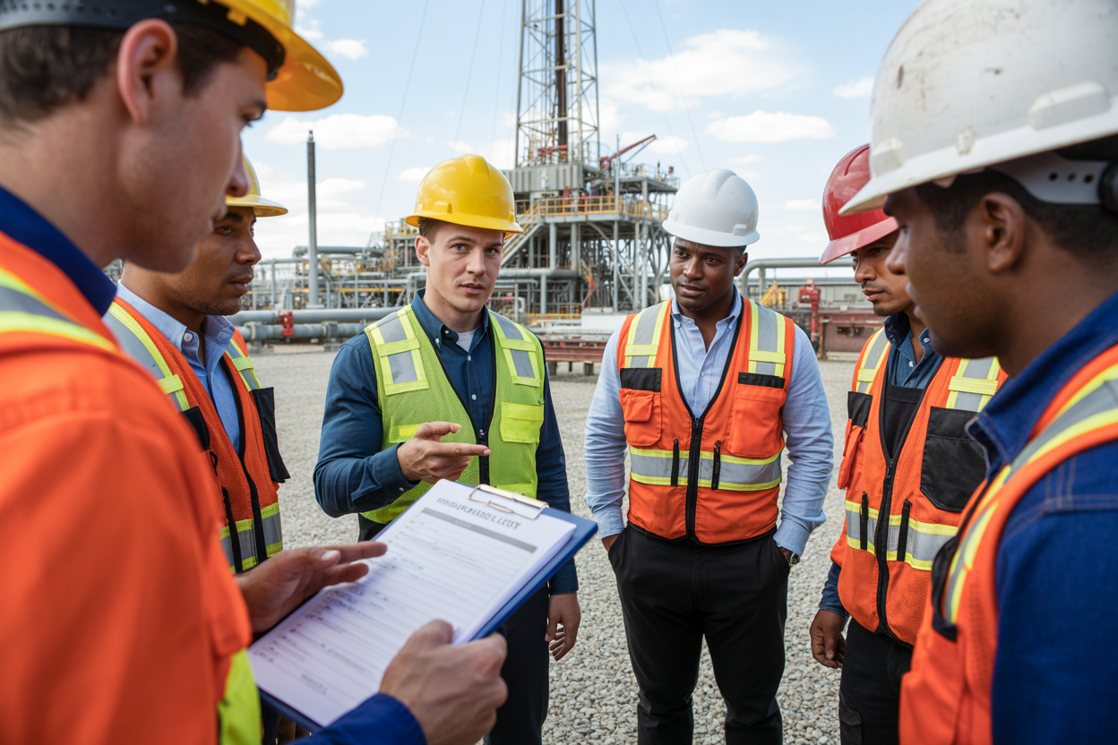 Create a realistic image of a group of oilfield workers in hard hats, safety vests, and protective gear gathered around a toolbox talk session on an oil rig site, with one white male worker pointing to a safety checklist on a clipboard while other diverse male workers attentively listen, the industrial oilfield background featuring drilling equipment and pipelines, the scene lit by natural daylight with a serious yet focused mood emphasizing workplace safety. Absolutely NO text should be in the scene.