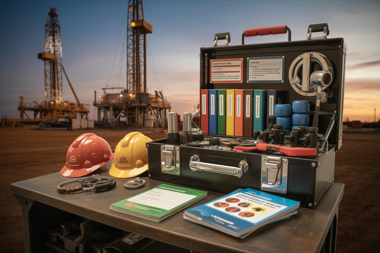 Create a realistic image of a well-organized oilfield safety resource station featuring a sturdy metal toolbox open and fully stocked with color-coded safety manuals, laminated toolbox talk cards, hard hats, and safety equipment, placed on a heavy-duty workbench in an industrial oilfield setting with drilling rigs visible in the background, warm and professional lighting highlighting the premium quality of the materials, conveying a sense of preparedness and professionalism, Absolutely NO text should be in the scene.