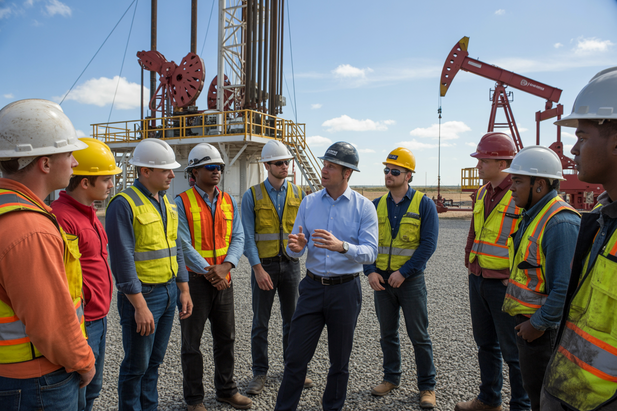 Create a realistic image of a small group of oilfield workers in hard hats, safety vests, and work gear gathered in a circle outdoors near oil drilling equipment, attentively listening to a white male supervisor who is leading a safety discussion, with an active oilfield and pump jacks visible in the background under a clear sky, conveying a sense of teamwork, safety awareness, and professionalism, with natural daylight illuminating the scene. Absolutely NO text should be in the scene.