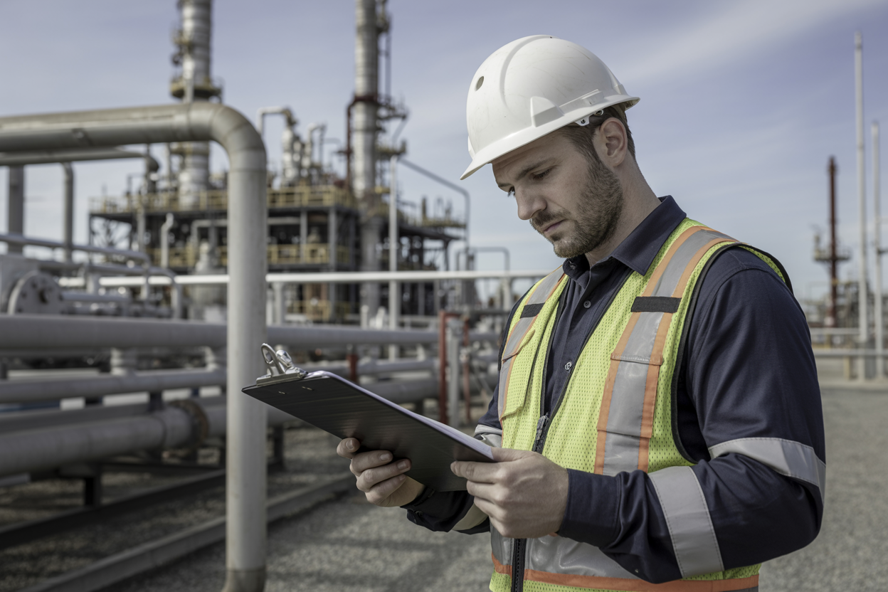 Create a realistic image of a white male worker in a safety helmet and high-visibility vest reviewing a physical permit document on a clipboard at an oil and gas facility, with industrial pipelines, valves, and a refinery structure visible in the background, the scene lit with natural daylight conveying a sense of safety and procedural importance, the mood professional and serious, emphasizing controlled work authorization in a hazardous industrial environment. Absolutely NO text should be in the scene.