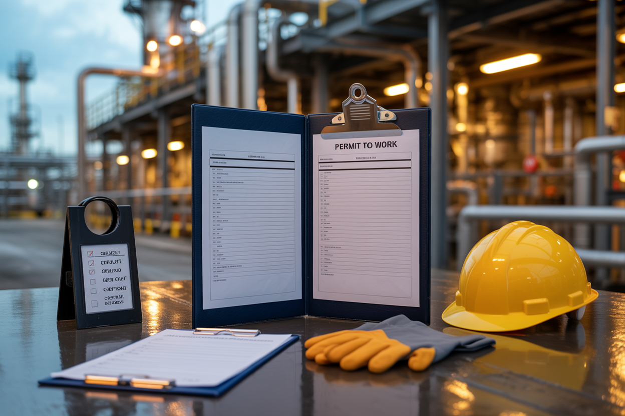 Create a realistic image of a close-up view of a well-organized permit to work document folder opened on a metal clipboard, surrounded by essential safety elements including a hard hat, safety gloves, and a checklist board, placed on an industrial table in an oil and gas facility, with blurred refinery equipment and pipes visible in the background, warm industrial lighting illuminating the scene, conveying a sense of structure, safety compliance, and operational readiness. Absolutely NO text should be in the scene.