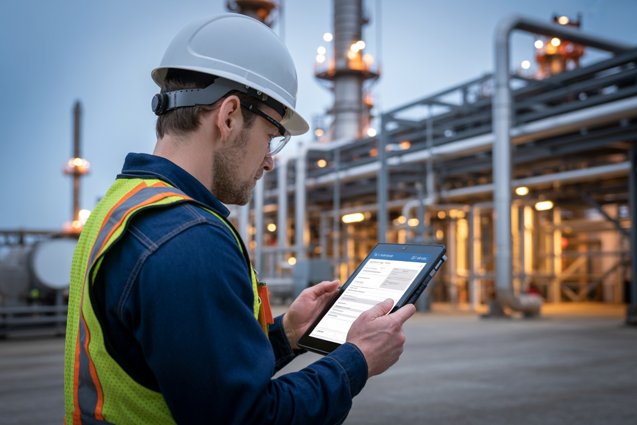 Create a realistic image of a white male oil and gas worker in a hard hat and safety vest using a modern digital tablet to review and approve a permit to work, standing in front of an industrial oil refinery with pipes and machinery in the background, the tablet screen glowing with a digital form interface, the scene conveying a sense of efficiency and improved safety through technology, with warm industrial lighting and a professional, organized atmosphere, Absolutely NO text should be in the scene.