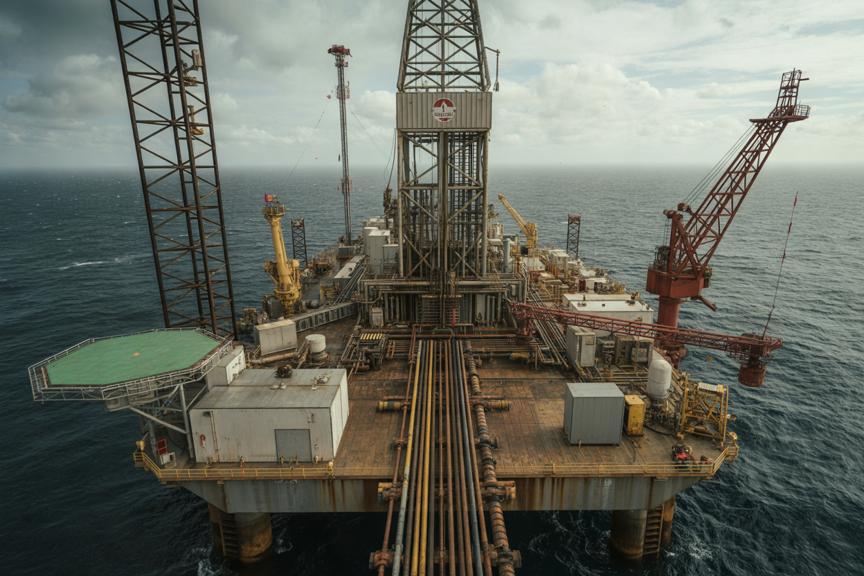 Create a realistic image of a large offshore drilling rig platform viewed from a mid-range angle, showcasing its complex and hazardous industrial environment, with towering derrick structures, pipelines, heavy machinery, and drilling equipment visible across the platform deck, harsh weather conditions suggested by overcast skies and choppy ocean waters surrounding the rig, dramatic industrial lighting with harsh overhead lights casting shadows across the dangerous machinery and narrow walkways, conveying a sense of isolation and high-risk industrial operations, the overall mood is tense and serious, highlighting the inherently dangerous nature of the environment with no workers present to emphasize the scale and complexity of the machinery. Absolutely NO text should be in the scene.