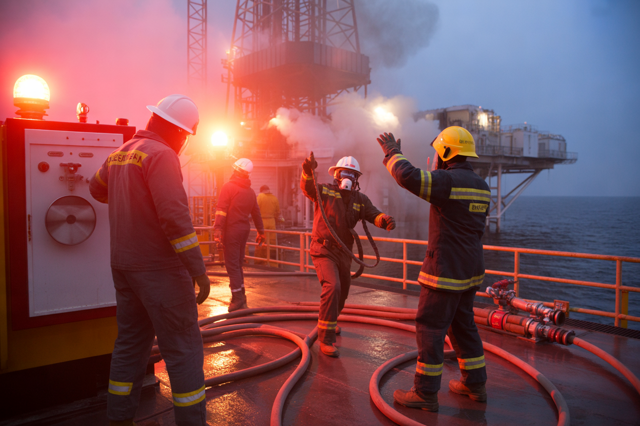 Create a realistic image of an offshore drilling rig during a critical emergency situation, showing alarm lights flashing red across the rig floor, with thick smoke rising in the background, emergency response team members in full safety gear including hard hats, fire-resistant suits, and breathing apparatus rushing into action, a white male worker activating an emergency shutdown panel while a black male crew member coordinates the response with hand signals, high-pressure fire hoses deployed nearby, the overall scene bathed in a dramatic mix of red emergency lighting and harsh industrial floodlights creating a tense and urgent atmosphere, with the dark ocean visible in the background. Absolutely NO text should be in the scene.