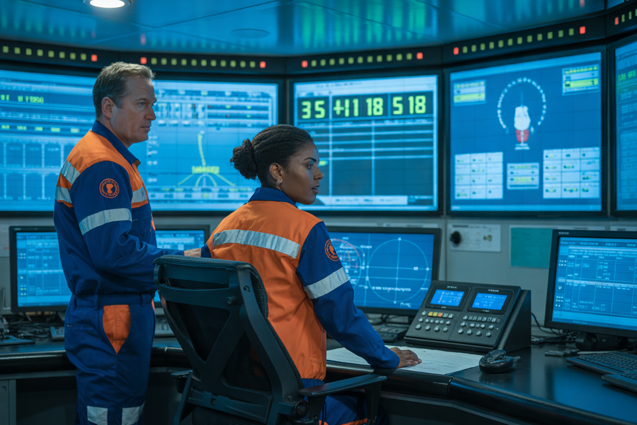 Create a realistic image of a modern drilling rig control room featuring advanced emergency response technology, including large digital monitoring screens displaying real-time safety data, emergency alert dashboards, and communication systems, with a white male technician and a black female safety officer actively monitoring the screens and coordinating response actions, the room bathed in a blue-tinted glow from the screens with warning indicator lights casting an urgent atmosphere, conveying a sense of high-tech preparedness and efficiency in an industrial offshore setting. Absolutely NO text should be in the scene.