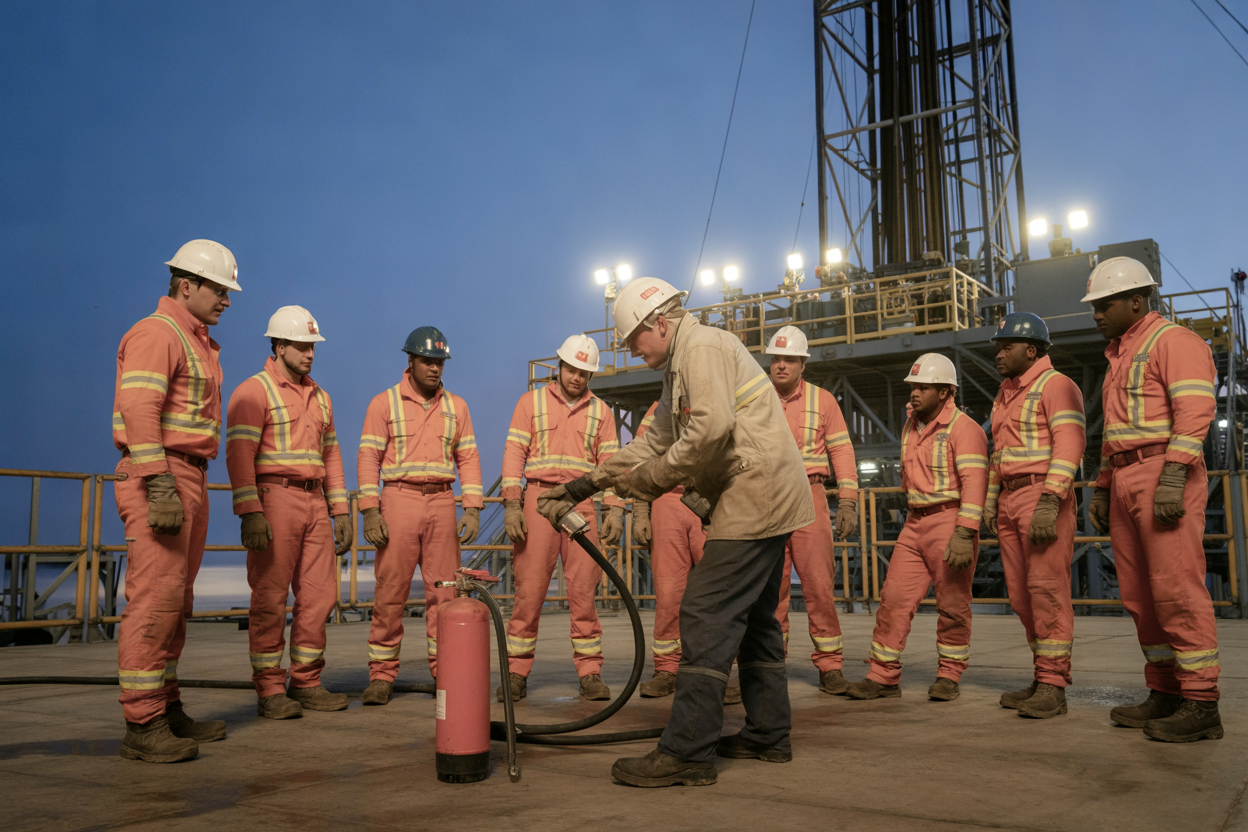 Create a realistic image of a group of oil rig workers in high-visibility safety gear and hard hats gathered around a white male instructor on a drilling rig platform during an emergency response training drill, with one black male worker practicing emergency procedures on a mock fire extinguisher while others observe attentively, the scene lit by bright industrial floodlights against a dusk sky, conveying a sense of urgency, focus, and preparedness, with safety equipment and emergency response gear visible in the background. Absolutely NO text should be in the scene.