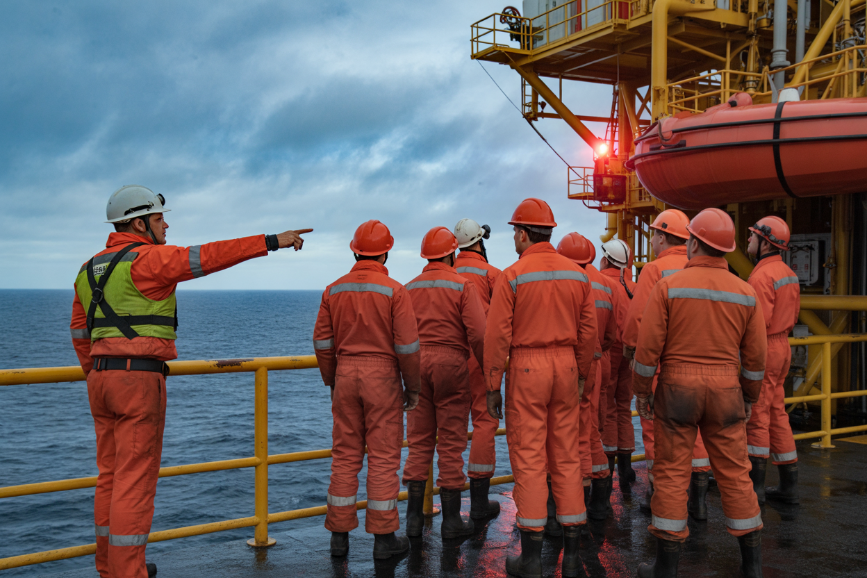 Create a realistic image of a group of oil rig workers in bright orange safety suits and hard hats gathered at a designated muster station on an offshore drilling rig, with one white male worker in a supervisor vest pointing toward an evacuation route while others attentively follow directions, lifeboat davits and safety equipment visible in the background, dramatic ocean surroundings with overcast skies creating an urgent yet organized atmosphere, flashing emergency lights casting a red glow over the scene, conveying a sense of disciplined emergency preparedness and coordinated evacuation readiness. Absolutely NO text should be in the scene.