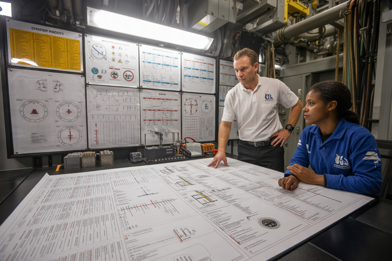 Create a realistic image of a detailed emergency response plan document spread across a large table on an offshore drilling rig, showing safety charts, evacuation route diagrams, and emergency protocol checklists pinned on a board behind it, with a white male safety officer and a black female crew member reviewing the plan together, the setting is an industrial control room with rig equipment visible in the background, professional and focused mood, bright overhead lighting illuminating the planning session, Absolutely NO text should be in the scene.