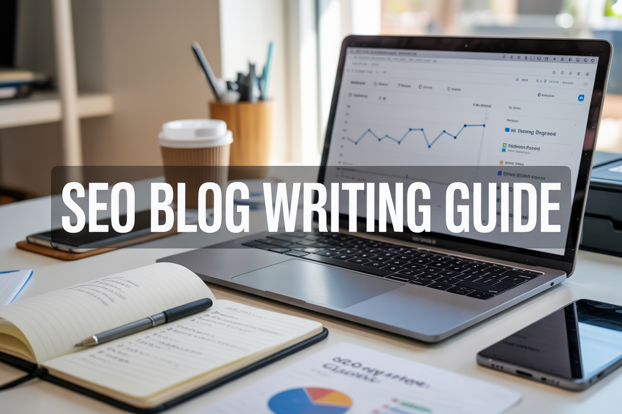 Create a realistic image of a modern workspace featuring a laptop computer with an SEO analytics dashboard displayed on the screen showing graphs and keyword rankings, surrounded by marketing tools including a notebook with handwritten SEO notes, a pen, a smartphone, and a coffee cup, all arranged on a clean white desk with soft natural lighting from a window, including the text "SEO Blog Writing Guide" prominently displayed as an overlay on the image.
