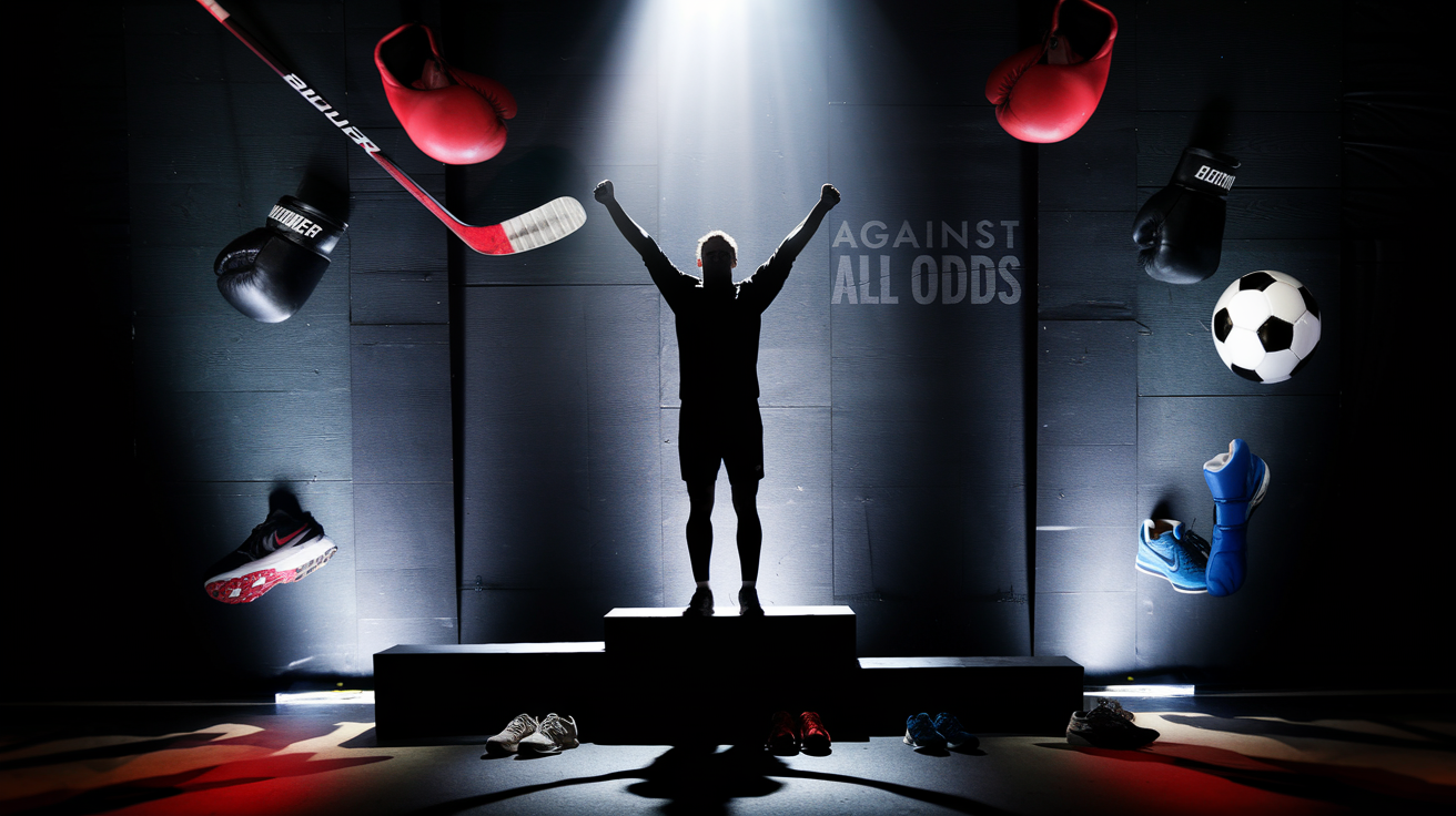 Create a realistic image of a silhouetted athlete with arms raised in victory, standing alone on a podium with a bright light shining down, casting long shadows against a dramatic backdrop featuring various sports equipment (hockey stick, soccer ball, boxing gloves, running shoes) scattered below, with the text "Against All Odds" appearing subtly in the background.
