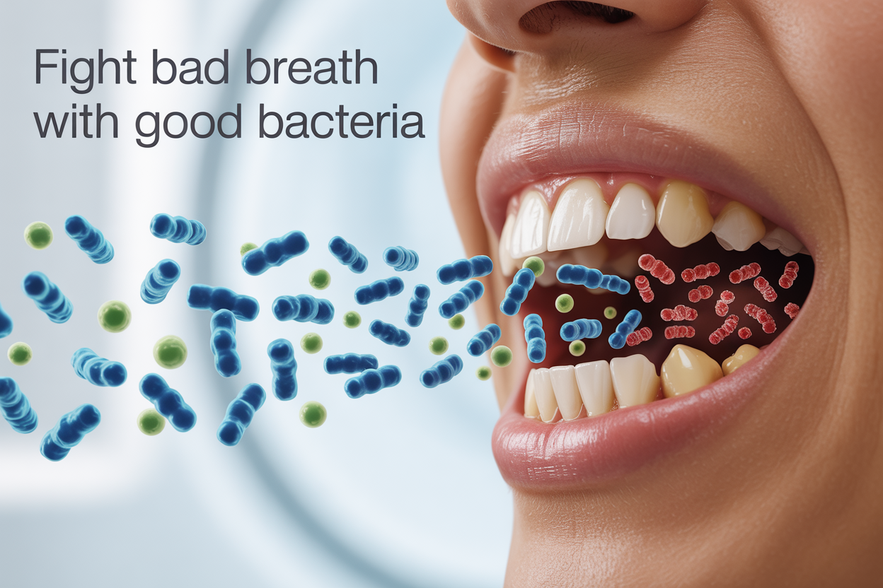 Create a realistic image of a close-up split-screen composition showing one half of a mouth with healthy pink gums and white teeth surrounded by floating beneficial bacteria illustrated as small blue and green spherical microorganisms, while the other half shows unhealthy gums with harmful bacteria depicted as red microorganisms, set against a clean white medical background with soft professional lighting, featuring the text "Fight Bad Breath With Good Bacteria" in modern sans-serif font positioned at the top of the image.