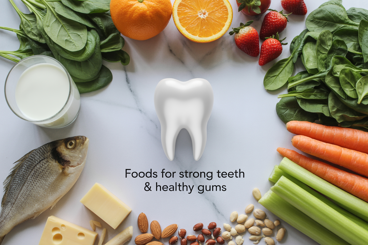 Create a realistic image of a vibrant overhead flat lay arrangement of tooth-healthy foods on a clean white marble surface, featuring a glass of milk, fresh oranges and strawberries, leafy green vegetables like spinach and kale, crunchy carrots and celery sticks, nuts and seeds, cheese cubes, and fresh fish, all artistically arranged around a bright white healthy smile or tooth model in the center, with soft natural lighting creating gentle shadows, and elegant text overlay reading "Foods for Strong Teeth & Healthy Gums" in modern sans-serif font.
