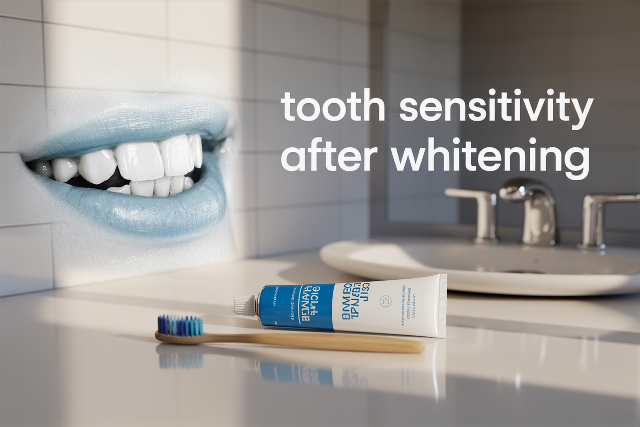 Create a realistic image of a close-up view of white teeth with a subtle ice-blue overlay effect suggesting sensitivity, alongside a tube of whitening toothpaste and a soft-bristled toothbrush on a clean white bathroom counter, with soft natural lighting from the side creating gentle shadows, and the text "Tooth Sensitivity After Whitening" displayed in clean, modern typography in the upper portion of the image.