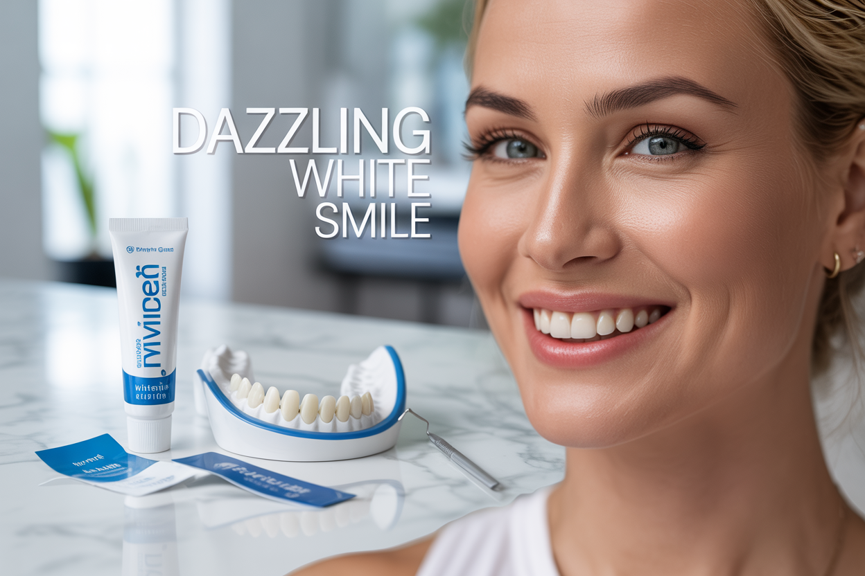 Create a realistic image of a close-up shot showing a beautiful white female in her 30s with a radiant, bright white smile taking center stage, surrounded by teeth whitening elements including a professional whitening gel tube, whitening strips, and a dental whitening tray on a clean white marble surface, with soft natural lighting creating a fresh and professional atmosphere, and elegant text overlay reading "Dazzling White Smile" in modern sans-serif font positioned in the upper portion of the image.