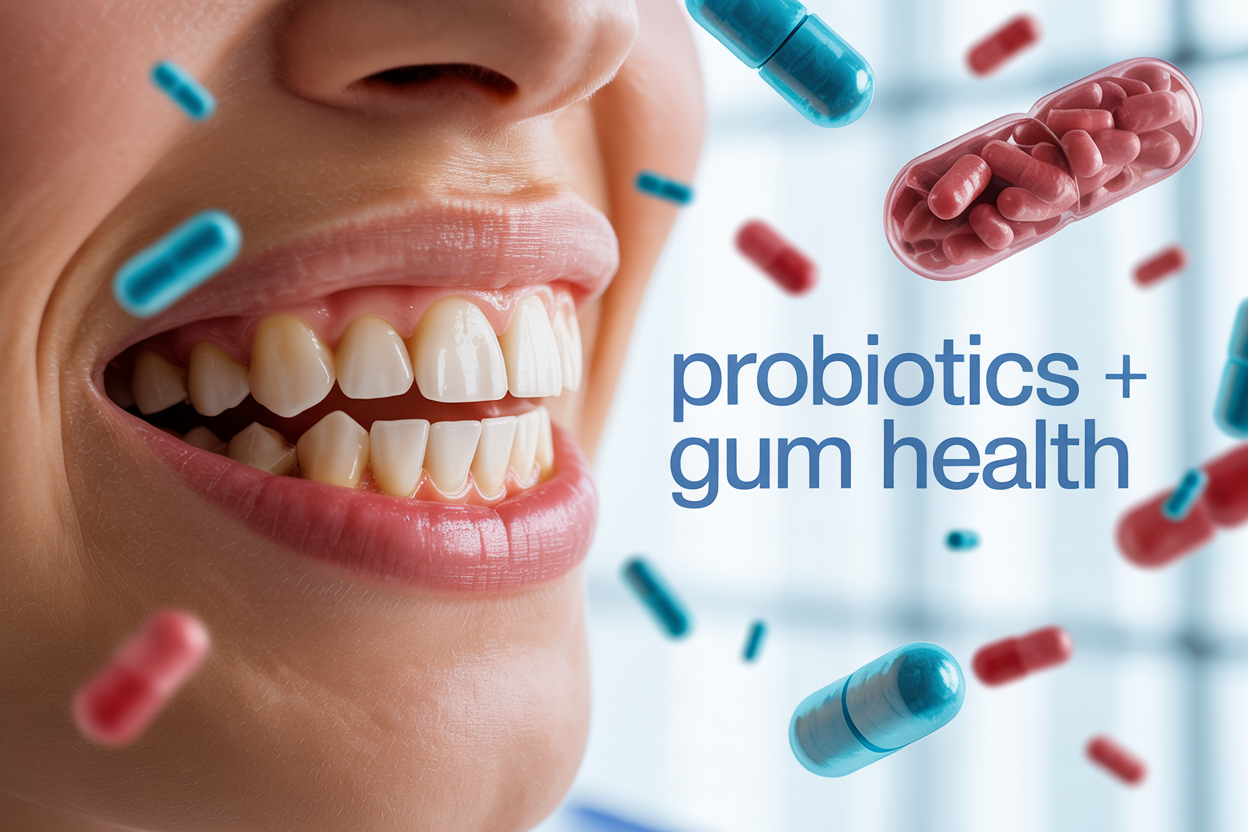Create a realistic image of a close-up view of healthy pink gums and white teeth in the foreground with colorful probiotic capsules and bacteria illustrations floating around them, set against a clean white medical background with soft natural lighting, including the text "Probiotics + Gum Health" in modern blue typography, conveying a scientific yet approachable mood about oral health innovation.