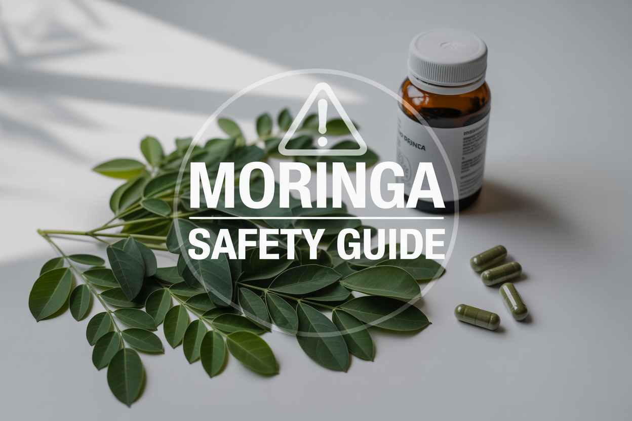 Create a realistic image of fresh green moringa leaves scattered on a clean white background with a subtle warning symbol or caution icon overlay, accompanied by a modern medicine bottle and a few moringa capsules nearby, soft natural lighting from the side, with the text "Moringa Safety Guide" prominently displayed in clean, professional typography, conveying a balanced mood of health awareness and careful consideration.
