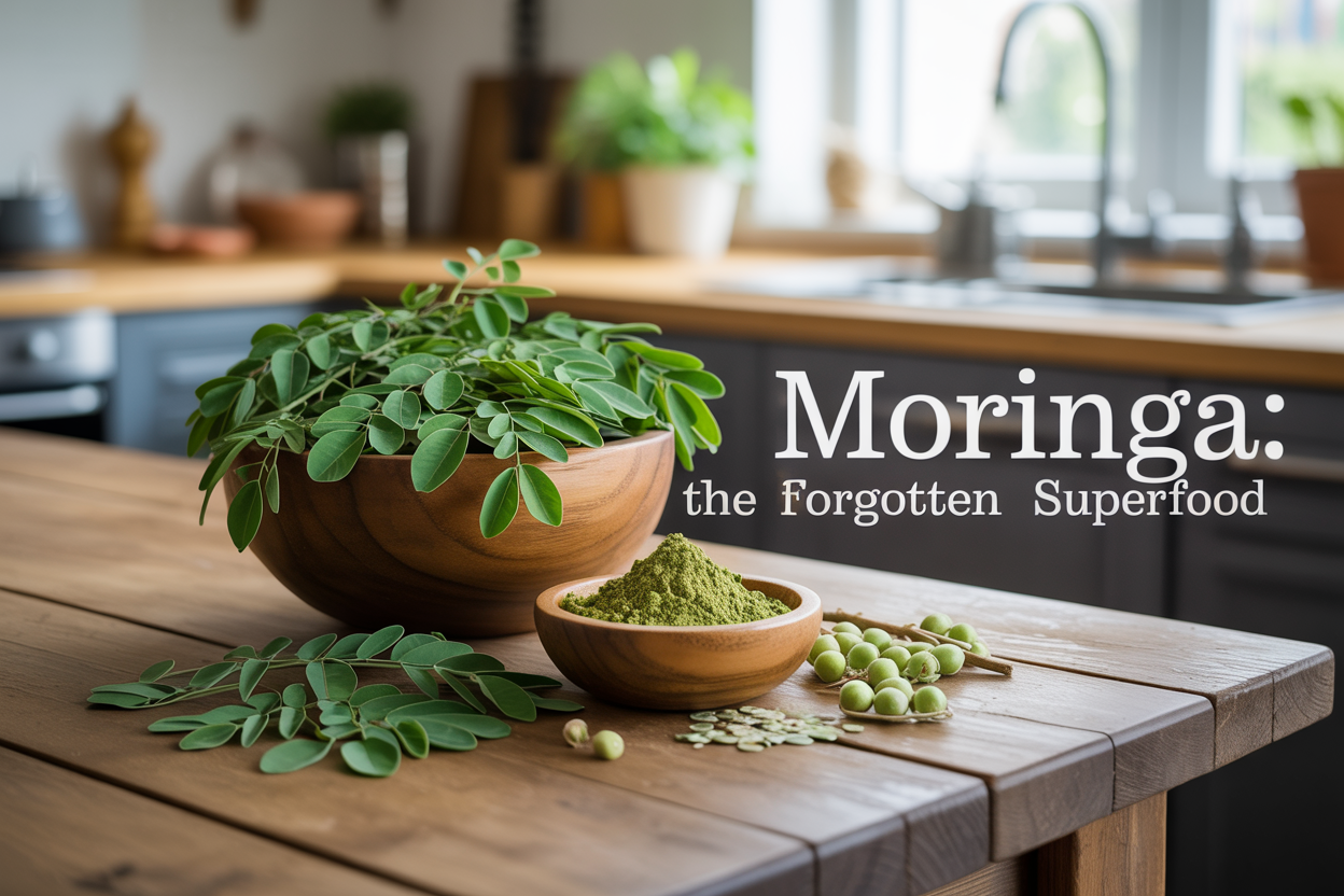 Create a realistic image of fresh green moringa leaves and moringa powder in a wooden bowl on a rustic wooden table, with moringa seed pods scattered nearby, bright natural lighting from a window creating soft shadows, modern kitchen setting in the background slightly blurred, vibrant green colors emphasizing freshness and health, with elegant text overlay reading "Moringa: The Forgotten Superfood" in clean white font, composition shot from a slight overhead angle to showcase the natural beauty of the moringa plant and products.