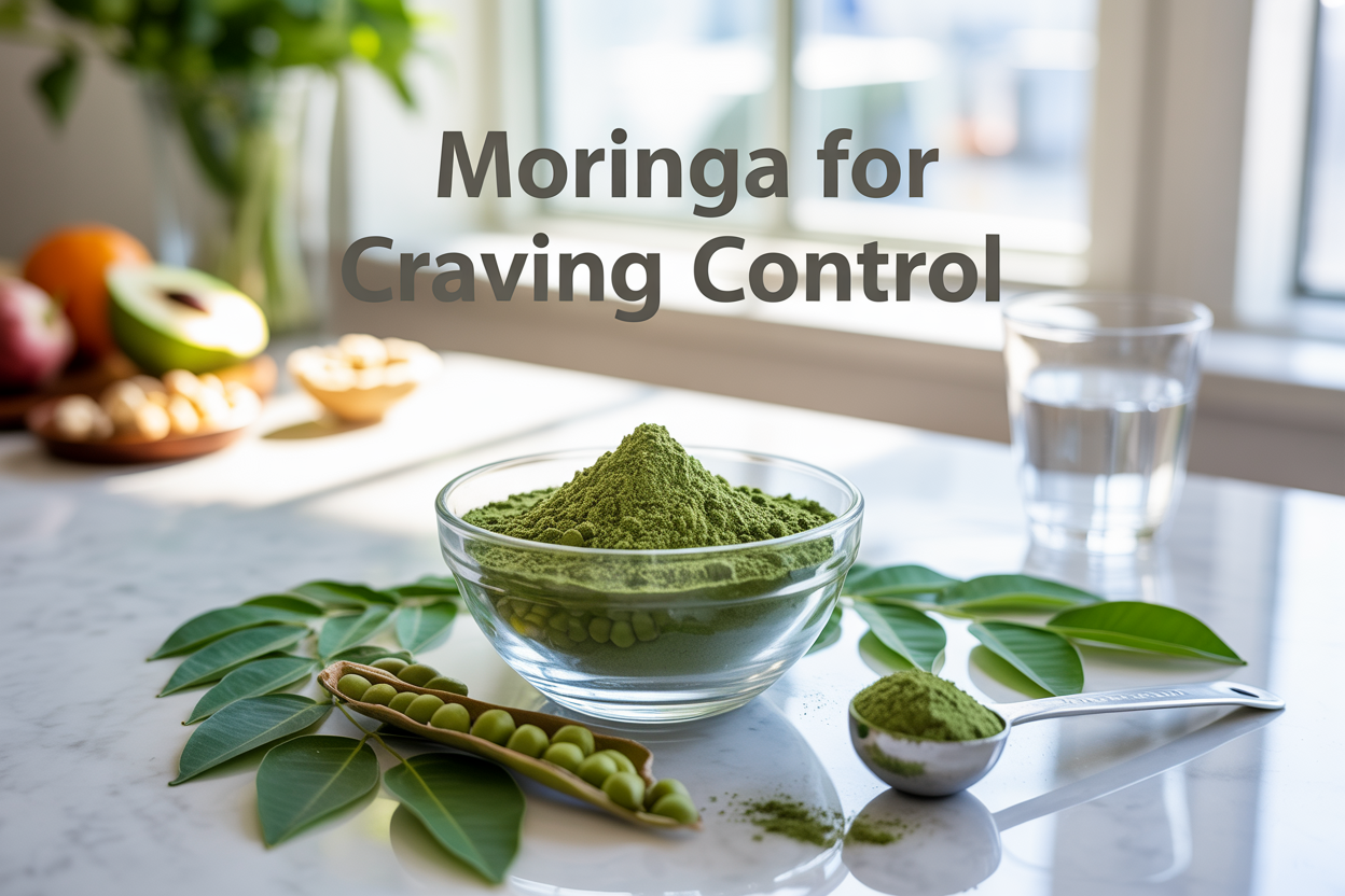 Create a realistic image of a vibrant green moringa powder in a clear glass bowl placed on a clean white marble countertop, surrounded by fresh moringa leaves and pods, with a measuring spoon containing the powder, a glass of water, and some healthy snacks like nuts and fruits in soft focus in the background, bright natural lighting from a window creating gentle shadows, with the text "MORINGA FOR CRAVING CONTROL" overlaid in modern sans-serif font in dark green color at the top of the image, conveying a clean, healthy, and wellness-focused mood.