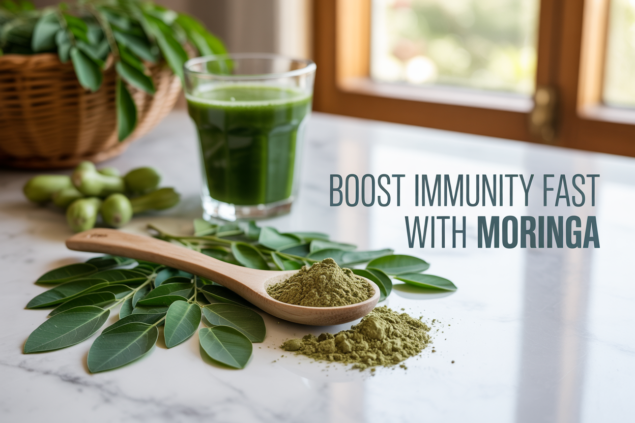 Create a realistic image of vibrant green Moringa leaves and powder scattered on a clean white marble surface with a wooden spoon containing Moringa powder, a glass of green smoothie, and fresh Moringa pods in the background, featuring warm natural lighting from a window, with the text "Boost Immunity Fast with Moringa" elegantly overlaid in modern sans-serif font in dark green color.