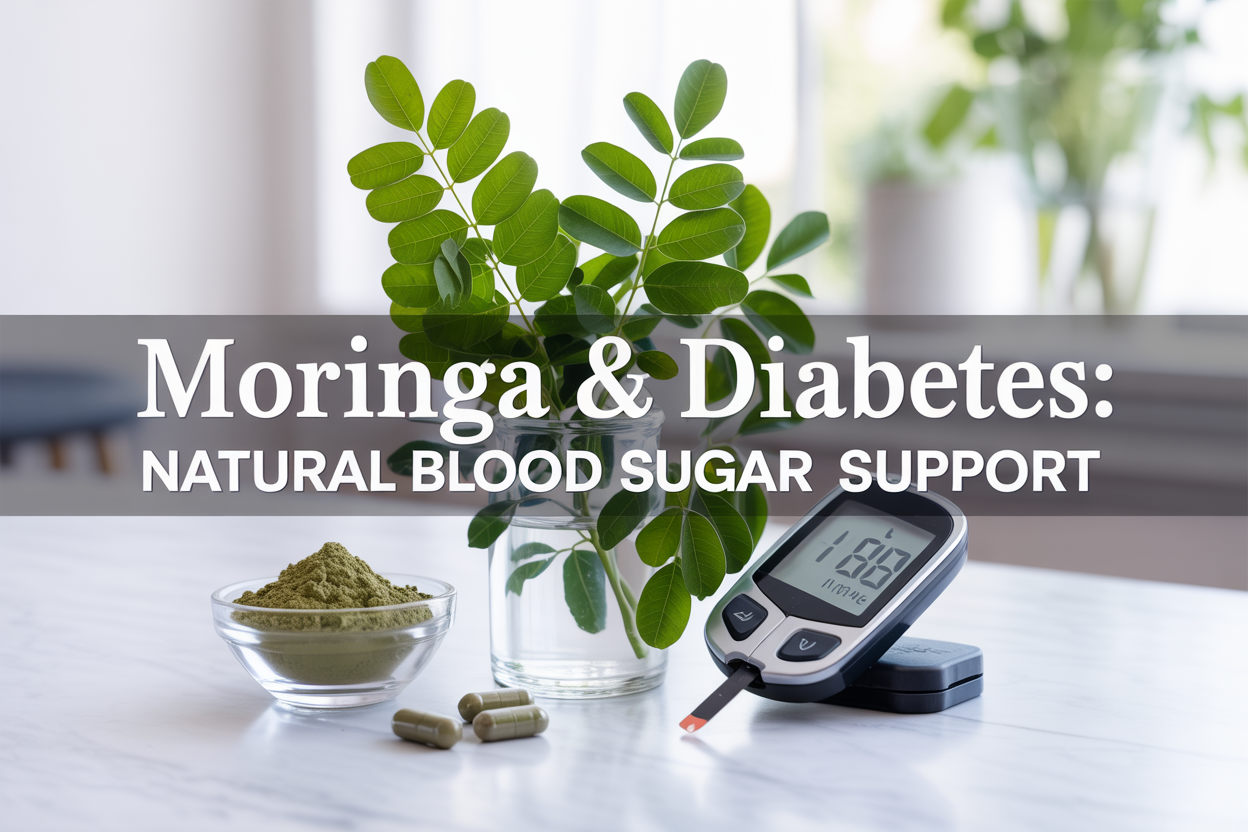 Create a realistic image of fresh green moringa leaves arranged elegantly on a clean white surface alongside a modern blood glucose meter displaying normal readings, with moringa powder in a small glass bowl, and a few moringa capsules scattered nearby, all set against a soft, bright natural lighting background with subtle medical/health aesthetic, including the text "Moringa & Diabetes: Natural Blood Sugar Support" overlaid in modern, clean typography.