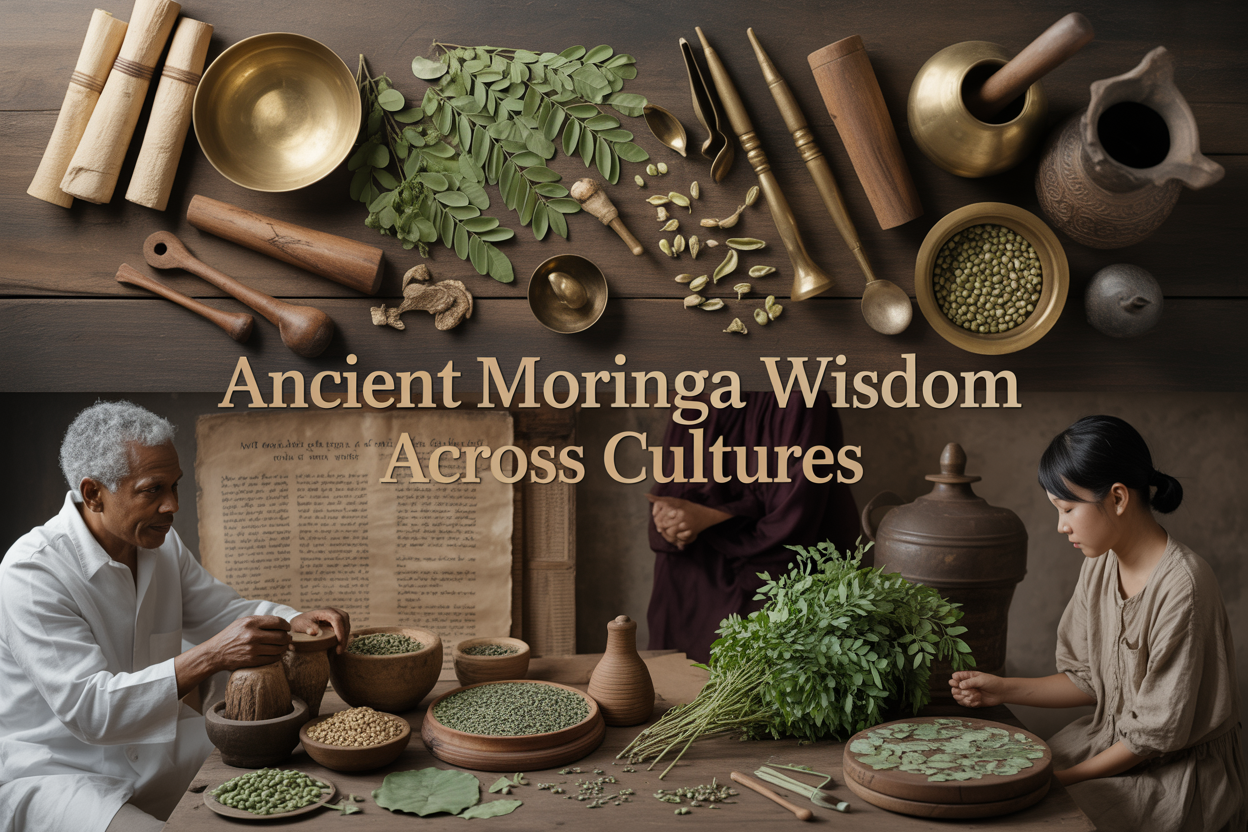Create a realistic image of a diverse collection of moringa leaves, seeds, and pods arranged on an aged wooden table with ancient cultural artifacts including Egyptian papyrus scrolls, Indian brass bowls, African wooden mortars and pestles, and Southeast Asian ceramic vessels, with soft warm lighting creating gentle shadows, featuring people of different ethnicities - an elderly black African woman, a middle-aged Indian male, and a young Southeast Asian female - examining and preparing moringa in traditional ways, with the text "Ancient Moringa Wisdom Across Cultures" elegantly overlaid in golden serif font.