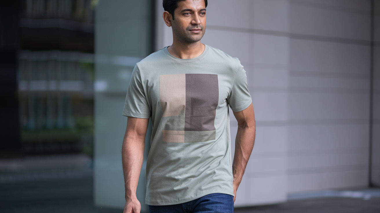 Create a realistic image of an Indian man in his late 20s wearing a minimalist graphic t-shirt with a simple geometric design in muted colors, standing confidently against a clean, light-colored background, soft natural lighting highlighting the subtle details of the t-shirt, urban setting visible subtly in the background, modern styling with well-fitted jeans, casual yet sophisticated look representing contemporary Indian fashion.