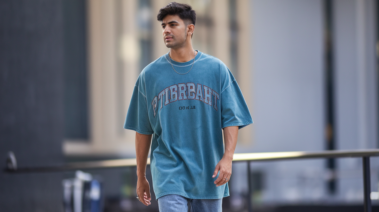 Create a realistic image of a young Indian male model with a relaxed expression wearing an oversized graphic t-shirt in a trendy color, standing casually against an urban backdrop in natural daylight, with the t-shirt's loose fit highlighting the oversized trend, styled with slim jeans and sneakers to balance the look, embodying the modern comfort-focused streetwear aesthetic popular in 2025 India.