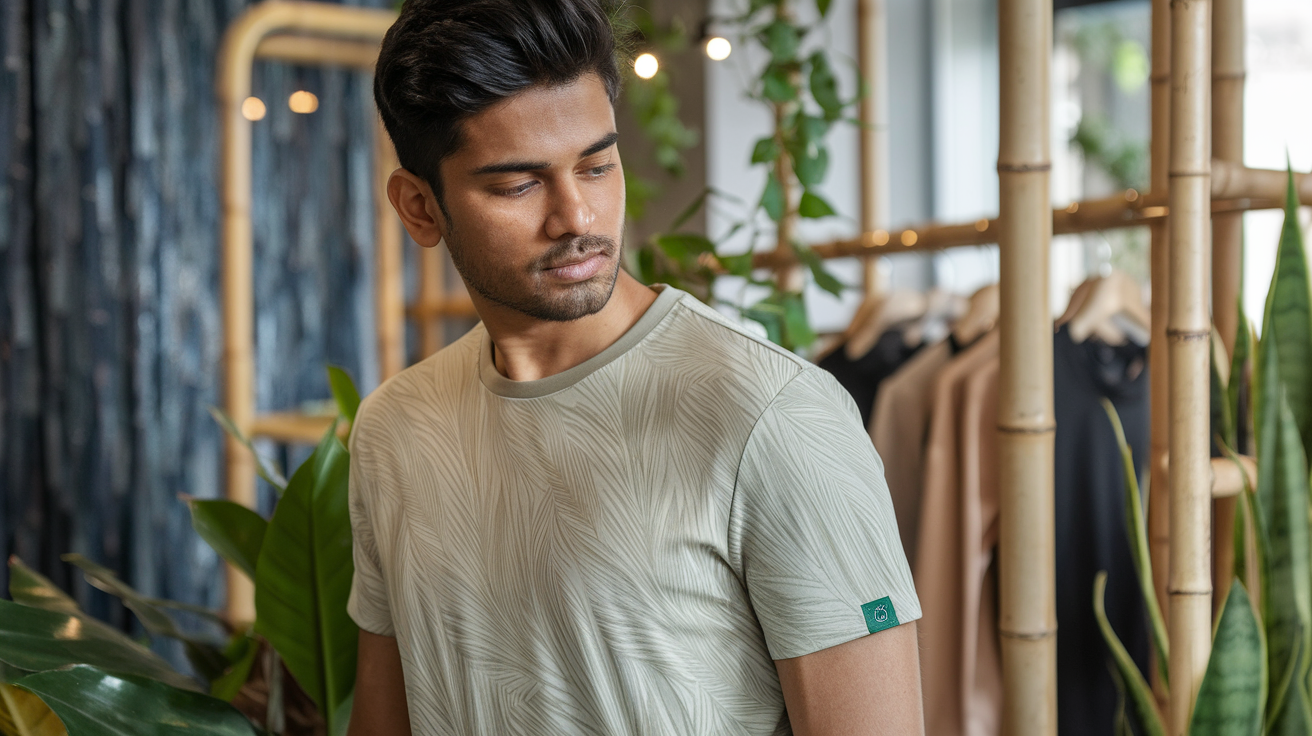 Create a realistic image of a young Indian man wearing a stylish, eco-friendly t-shirt made from organic cotton with a subtle leaf pattern, standing in a modern sustainable fashion store with recycled materials visible in the background, soft natural lighting highlighting the eco-conscious fabric texture, a small green certification label visible on the sleeve, surrounded by plants and bamboo clothing racks.