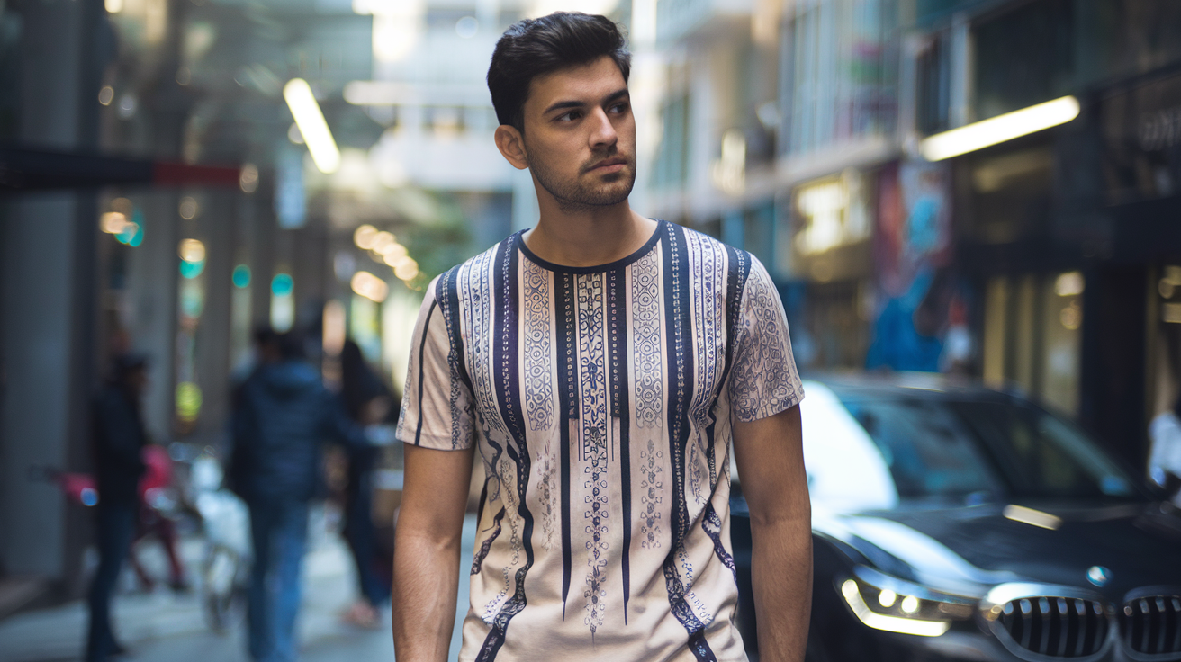Create a realistic image of a young Indian man wearing a modern t-shirt featuring a fusion design that blends traditional Indian patterns with contemporary graphics, standing in a busy urban street in Mumbai, with subtle lighting highlighting the intricate details of the t-shirt design, creating a perfect blend of cultural heritage and modern fashion trends.