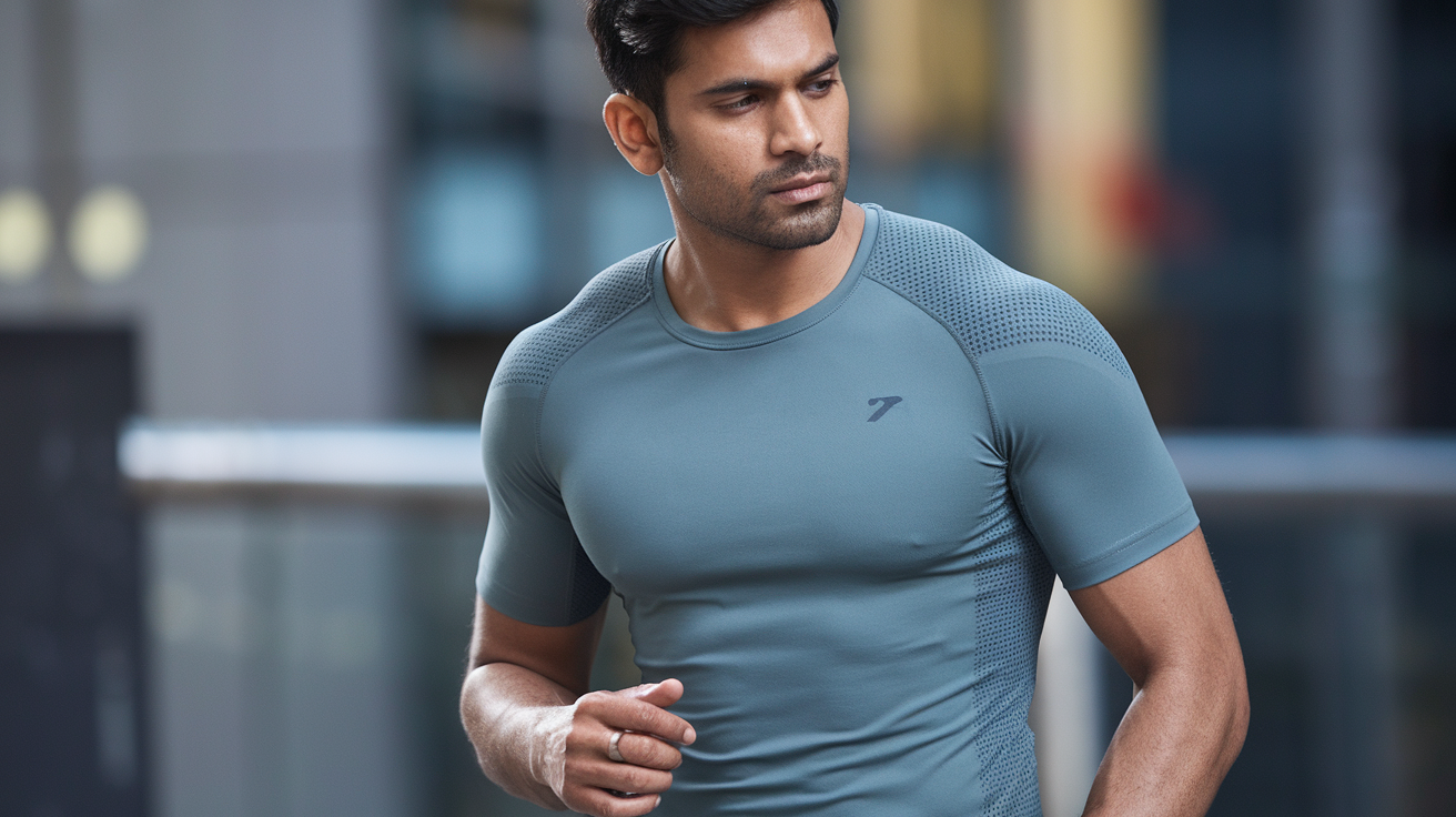 Create a realistic image of an Indian male model wearing a modern high-tech performance t-shirt made of moisture-wicking fabric, standing in an urban setting with subtle city elements in the background, the t-shirt featuring sleek technical details like mesh ventilation panels and seamless construction, photographed in natural daylight with a fashion-forward styling that highlights the innovative fabric's texture and performance properties.