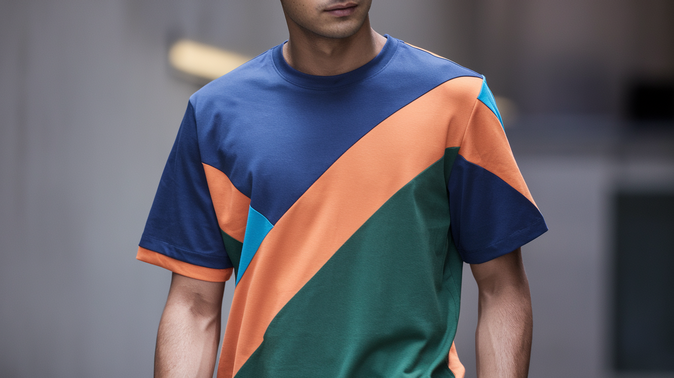 Create a realistic image of a young Indian man wearing a trendy color-blocked t-shirt with bold geometric patterns, standing confidently against a neutral urban background, soft natural lighting highlighting the vibrant contrasting colors of blue, orange and green on the t-shirt, showcasing modern 2025 fashion aesthetics.