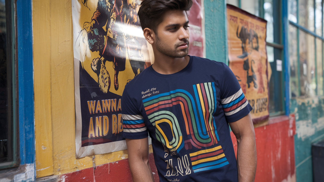 Create a realistic image of an Indian man in his 20s wearing a retro-style graphic t-shirt with 70s-inspired designs, standing against a colorful wall with vintage Bollywood posters, soft natural lighting highlighting the vibrant colors and nostalgic prints on the shirt, representing the resurgence of vintage fashion in modern Indian streetwear.