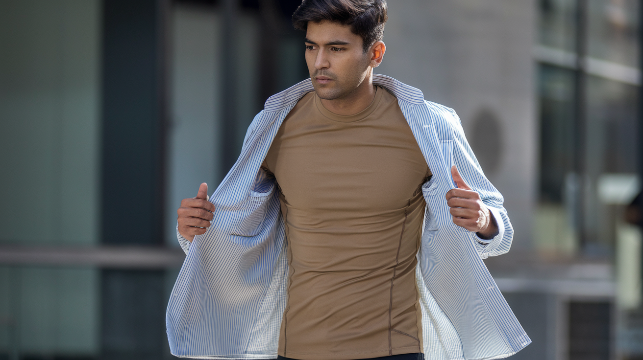 Create a realistic image of a young Indian male model wearing a stylish fitted basic t-shirt layered under an open shirt or light jacket, demonstrating versatile layering fashion for men in 2025, with contemporary urban setting, natural daylight highlighting the layered outfit details, and a fashionable yet practical aesthetic.