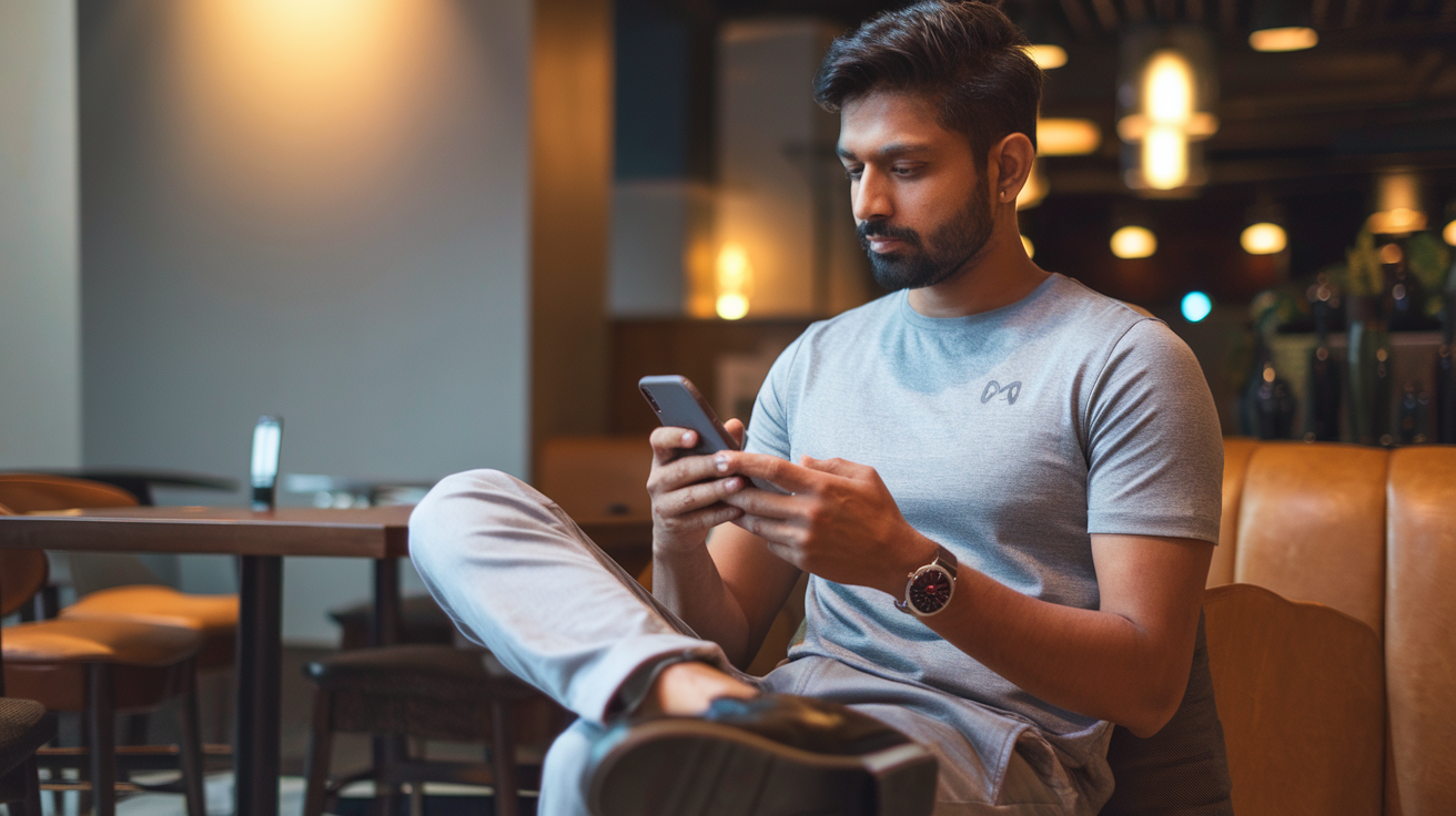 Create a realistic image of an Indian man in his 30s wearing a minimalist smart-casual t-shirt with subtle tech-integrated features, styled with chinos and loafers in an upscale café setting, examining his phone while the t-shirt displays a subtle temperature-adaptive color shift, with warm lighting highlighting the premium fabric and modern design elements.