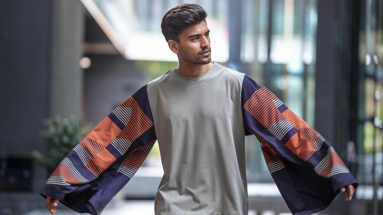 Create a realistic image of an Indian man with a confident stance wearing a trendy t-shirt with bold, oversized sleeves featuring geometric patterns or color blocks, set against a modern urban backdrop in India, with soft natural lighting highlighting the unique sleeve design and the stylish silhouette of the t-shirt.