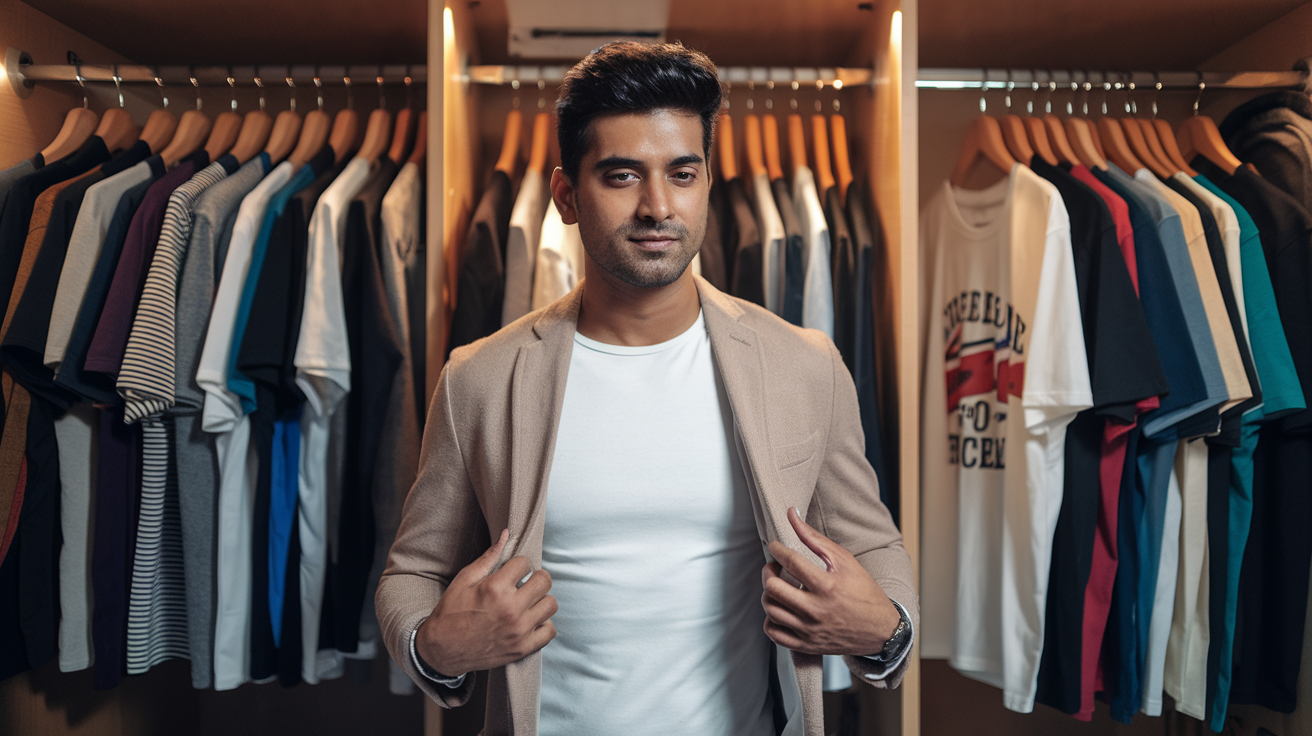 Create a realistic image of a stylish Indian man in his 30s standing confidently in front of a wardrobe filled with trendy t-shirts, selecting from various styles mentioned in the blog, with warm lighting creating an aspirational mood that suggests fashion-forward choices for 2025.