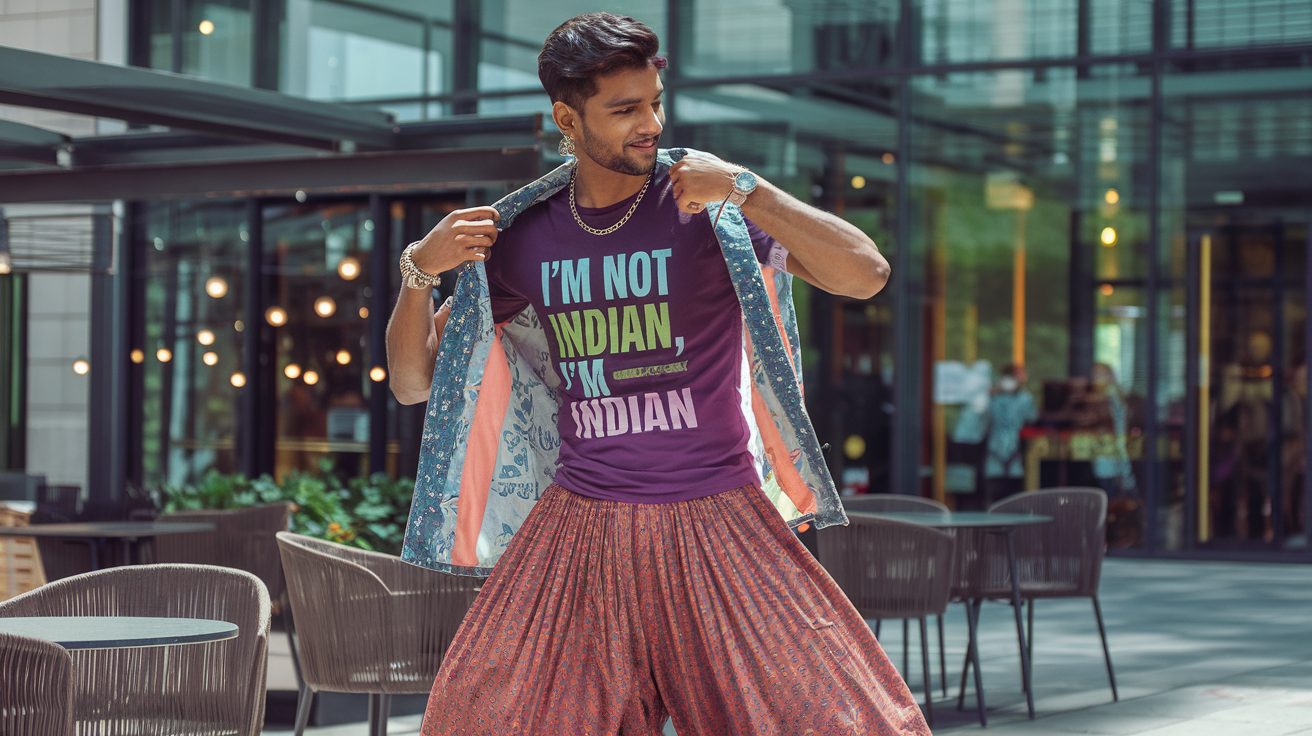 Create a realistic image of a stylish Indian young adult with brown skin wearing a vibrant graphic t-shirt paired with traditional palazzo pants, standing in an urban setting with modern cafes and shops in the background, accessorized with contemporary jewelry, showcasing the perfect blend of modern and traditional Indian fashion elements under natural daylight.