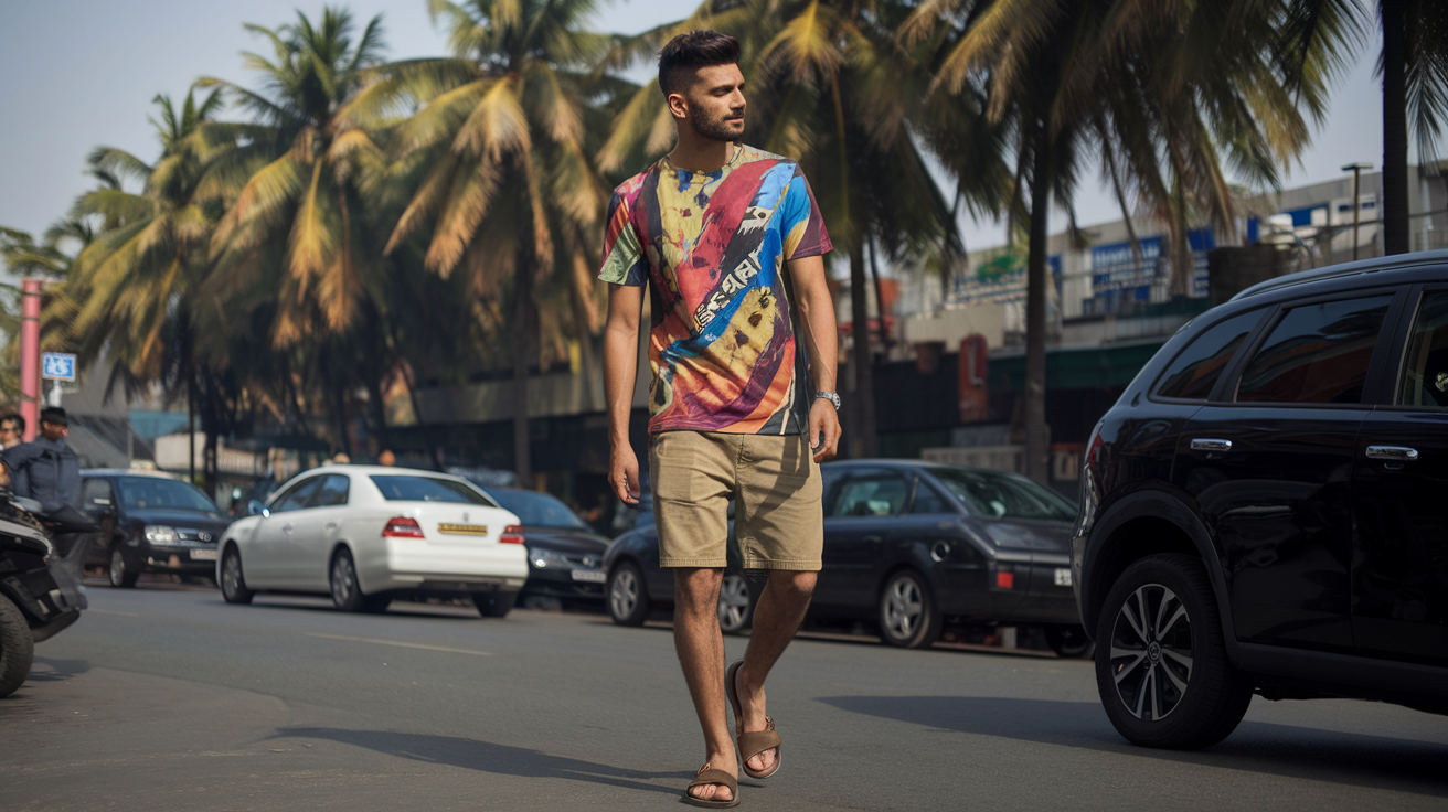 Create a realistic image of a young Indian male model with a modern haircut wearing a vibrant graphic t-shirt paired with comfortable khaki shorts and casual sandals, standing on a busy street in Mumbai with palm trees in the background, showing how to stay stylish yet cool in hot Indian weather, with soft natural daylight illuminating the scene.