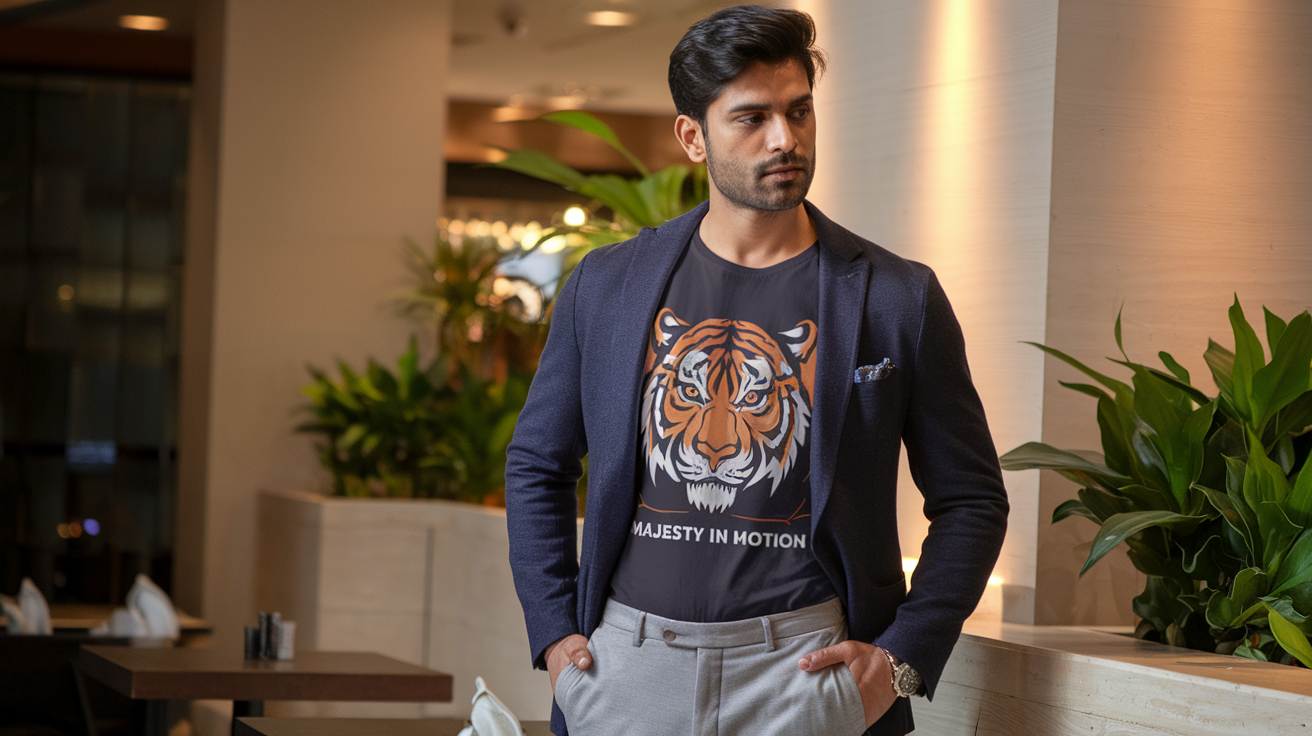 Create a realistic image of an Indian male professional pairing a stylish graphic t-shirt with a well-fitted blazer, tailored trousers, and leather loafers, standing confidently in an upscale restaurant or office setting with soft ambient lighting, showcasing how graphic tees can be elevated for semi-formal events in India.