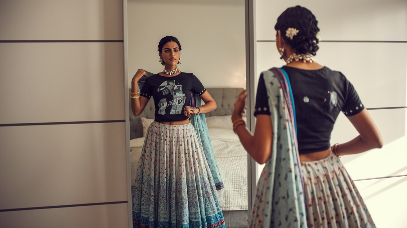 Create a realistic image of an Indian woman styling a graphic t-shirt with a traditional lehenga skirt, standing in front of a mirror in a modern bedroom, adjusting her dupatta, with traditional jewelry and modern accessories visible, showcasing the perfect blend of contemporary and traditional Indian fashion, in soft natural lighting highlighting the fusion outfit's vibrant colors.