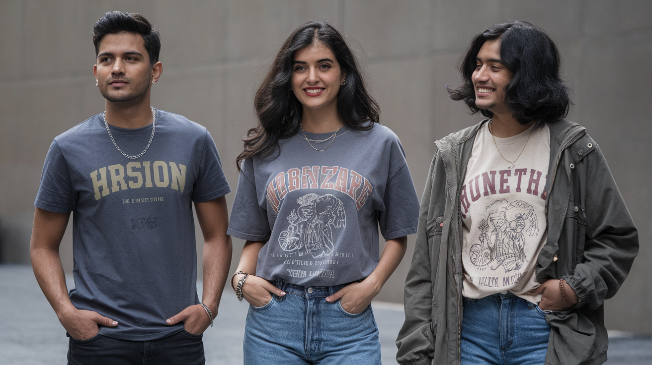 Create a realistic image of a diverse group of three Indian young adults (one male, one female, and one non-binary person) standing side by side against a neutral urban backdrop, each wearing differently styled graphic t-shirts with jeans, showing how the same type of tee can be styled in various gender-neutral ways - tucked in, with oversized fits, and layered under jackets, with subtle accessories like minimal jewelry and stylish sneakers completing their looks.